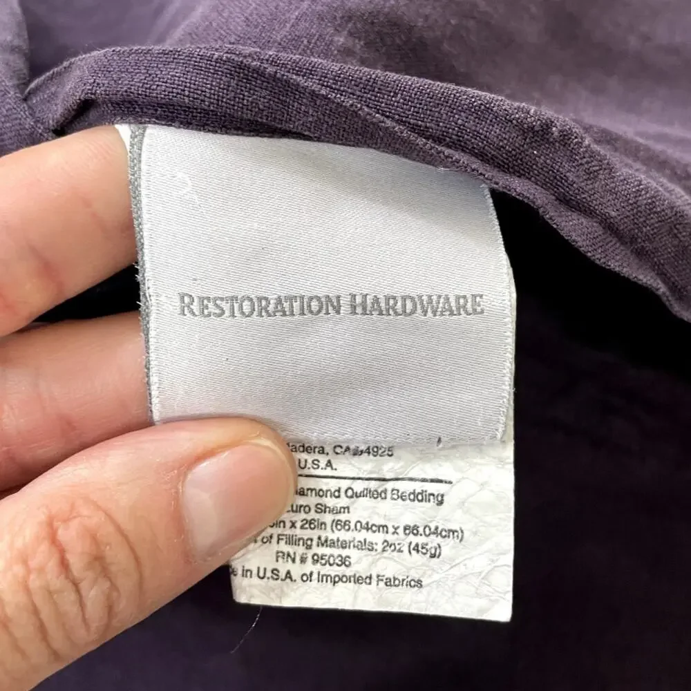 Restoration Hardware Set of 2 Quilted Linen Euro Pillow Shams STD 26x26 Purple